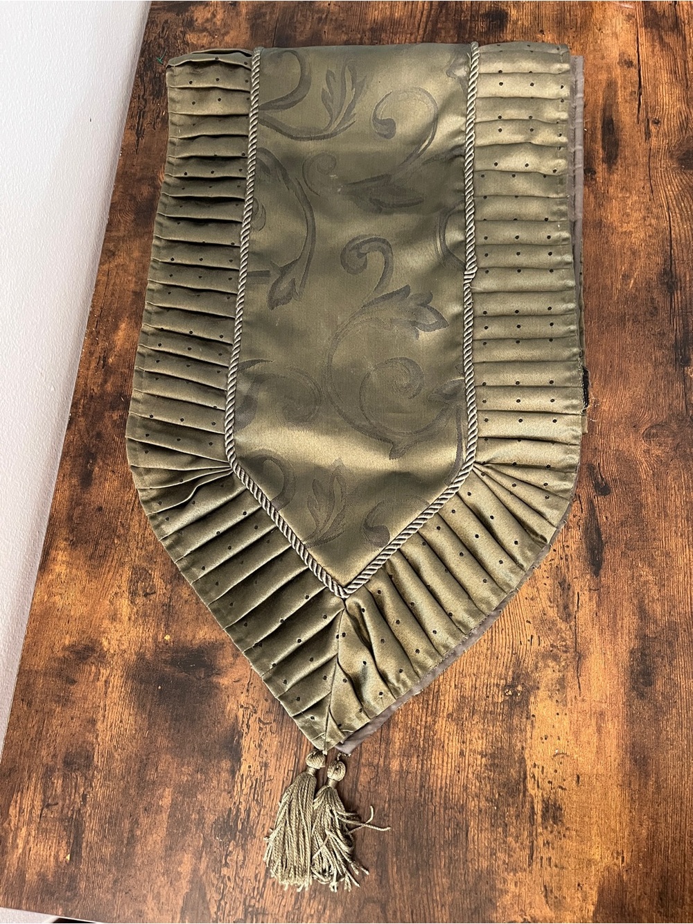 Olive Green Damask Decorative Table Runner with Tassel